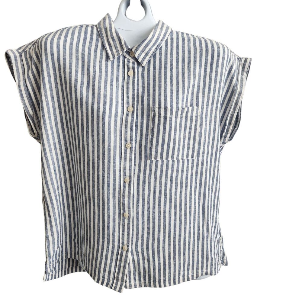 Orvis Linen/Rayon Striped Shirt M Blue White Boxy Coastal Grandma Lagenlook Prep
